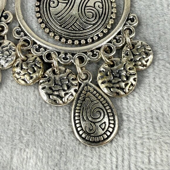 Boho Style Silver-Tone Chandelier Earrings Tribal Engraved Discs Teardrop Charms - Picture 9 of 16